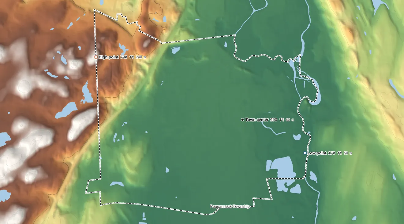 Topographic elevation map of Pompton Plains, New Jersey, shaded from 170 ft on the southeast side to 790 ft on the northwest side