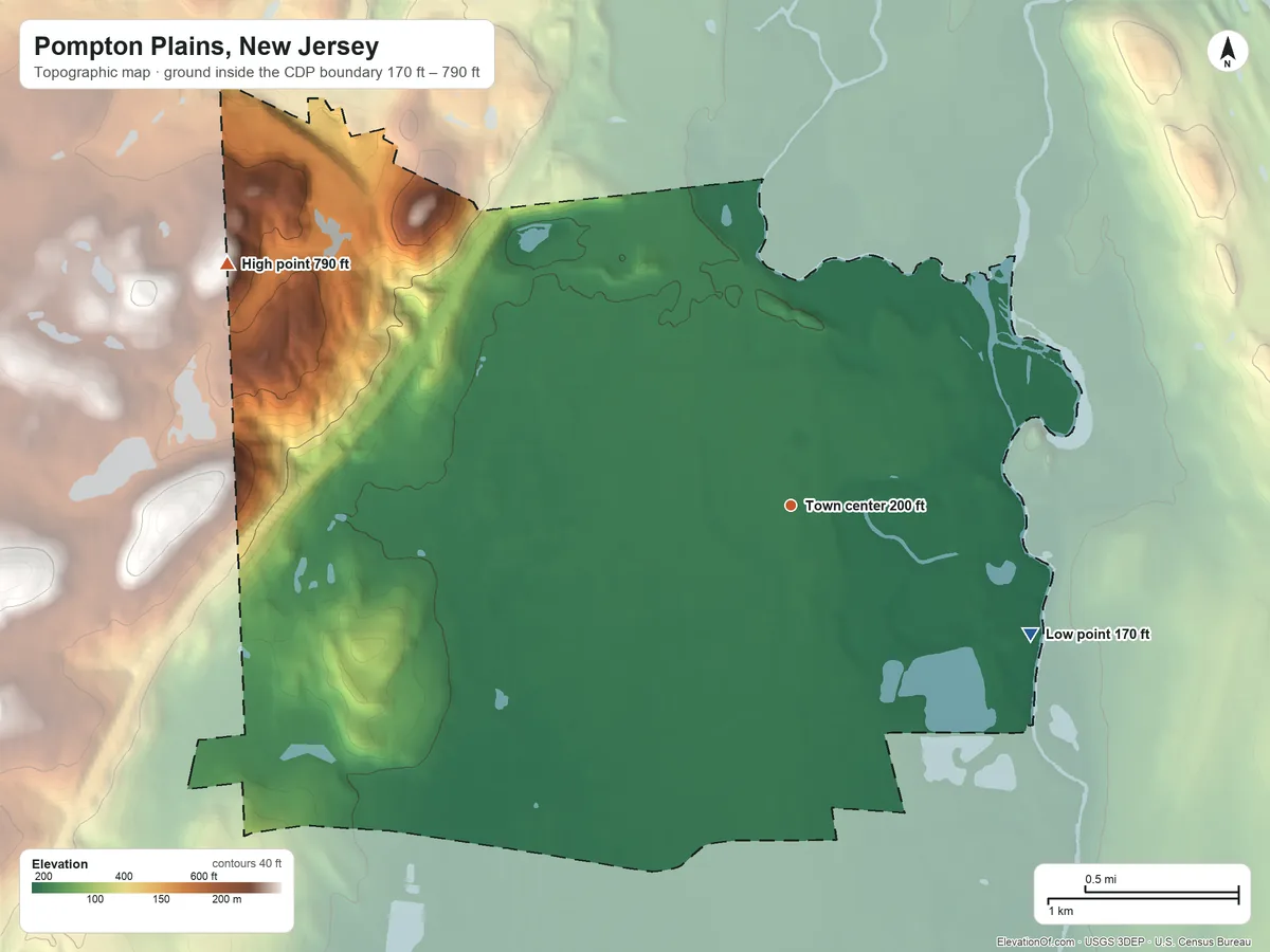 Topographic elevation map of Pompton Plains, New Jersey, shaded from 170 ft on the southeast side to 790 ft on the northwest side