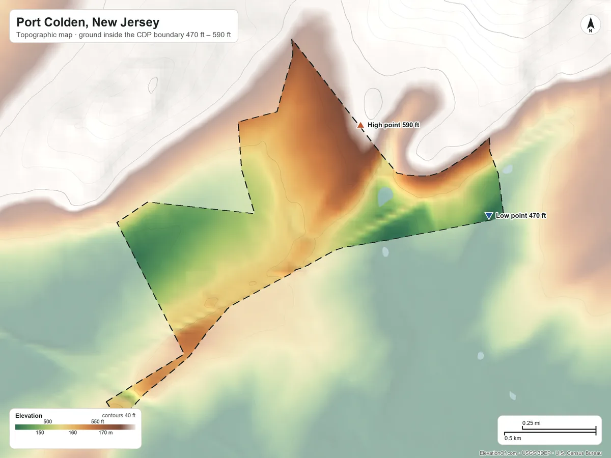 Topographic elevation map of Port Colden, New Jersey, shaded from 470 ft on the east side to 590 ft at the foot of the Fox Hill Range