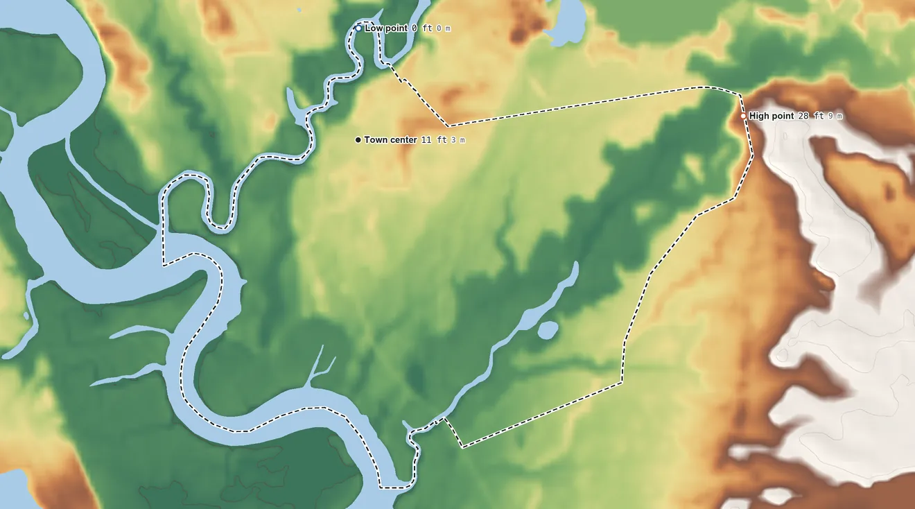 Topographic elevation map of Port Elizabeth, New Jersey, shaded from 0 ft on the north side to 28 ft on the east side
