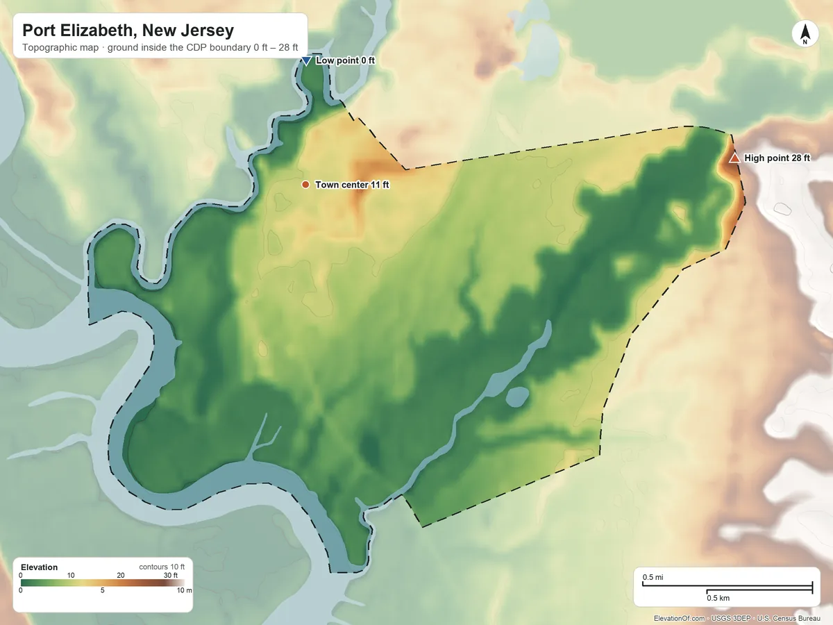 Topographic elevation map of Port Elizabeth, New Jersey, shaded from 0 ft on the north side to 28 ft on the east side