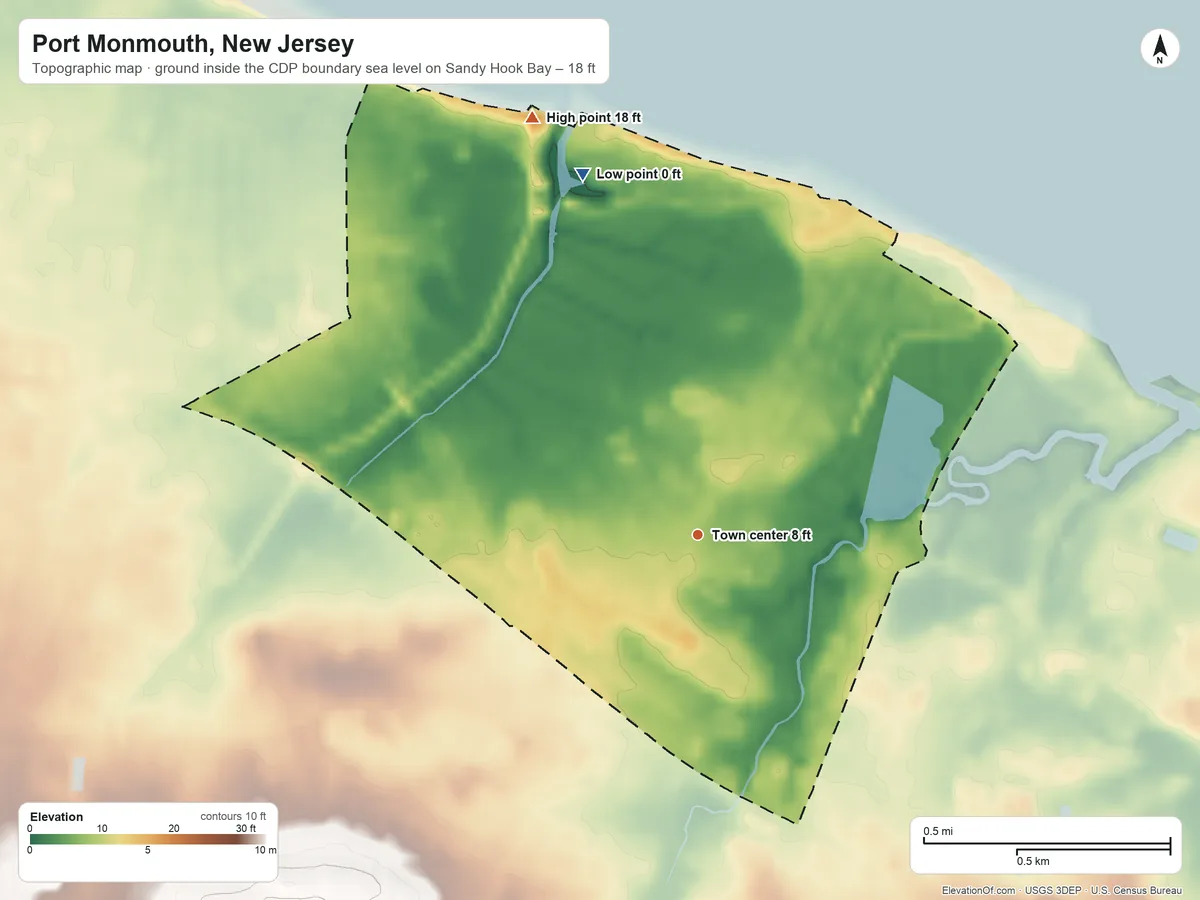 Topographic elevation map of Port Monmouth, New Jersey, shaded from sea level level on Sandy Hook Bay to 18 ft on the north side