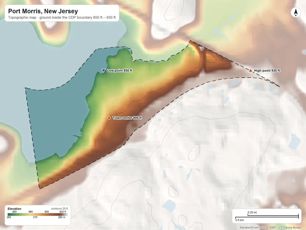 Topographic elevation map of Port Morris, New Jersey, shaded from 850 ft on the north side to 930 ft on the east side
