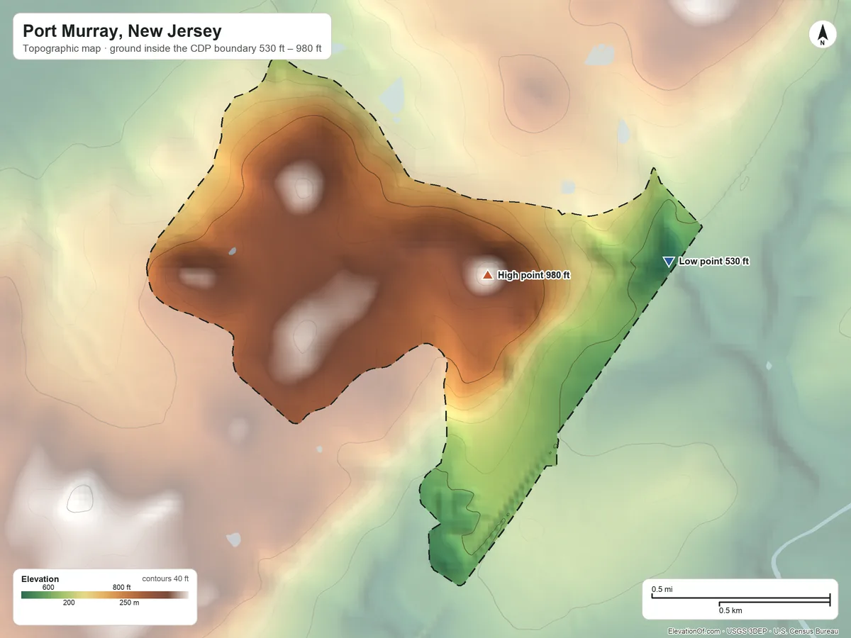 Topographic elevation map of Port Murray, New Jersey, shaded from 530 ft on the east side to 980 ft on the east side