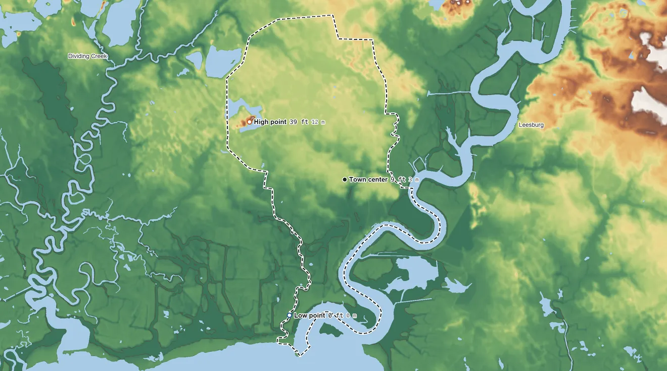 Topographic elevation map of Port Norris, New Jersey, shaded from sea level level on Maurice River Cove to 39 ft on the northwest side