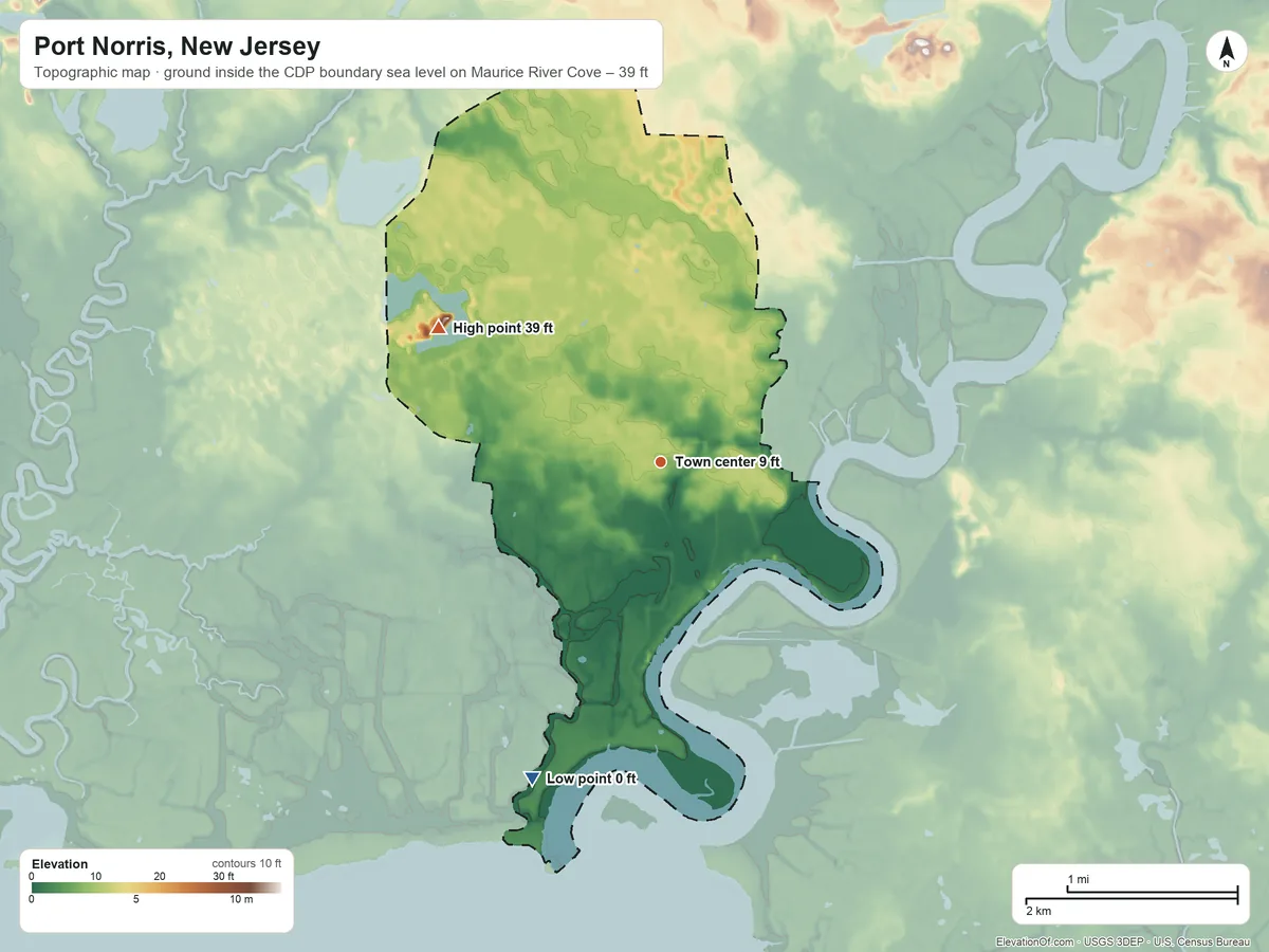 Topographic elevation map of Port Norris, New Jersey, shaded from sea level level on Maurice River Cove to 39 ft on the northwest side