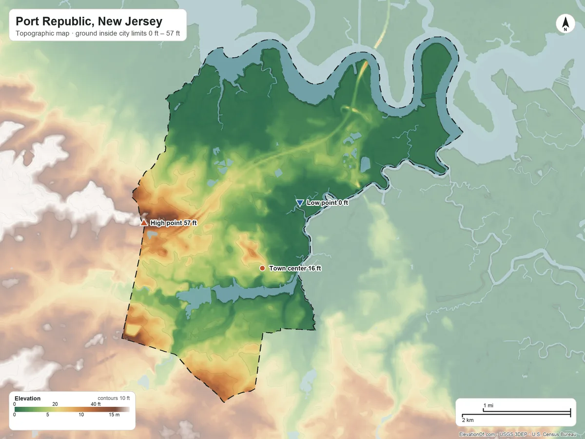 Topographic elevation map of Port Republic, New Jersey, shaded from 0 ft on the northeast side to 57 ft on the west side