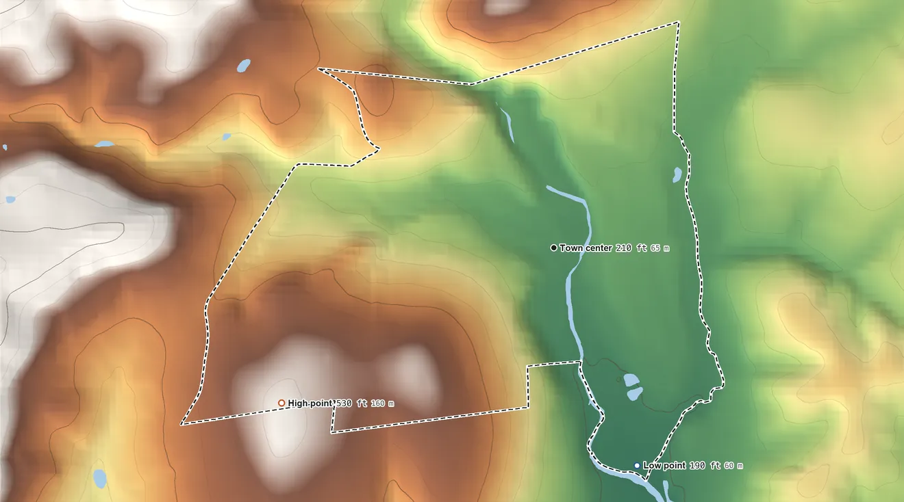 Topographic elevation map of Pottersville, New Jersey, shaded from 190 ft on the south side to 530 ft on the southwest side