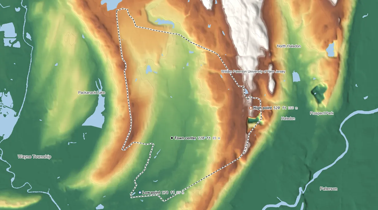 Topographic elevation map of Preakness, New Jersey, shaded from 170 ft on the southwest side to 520 ft on the east side