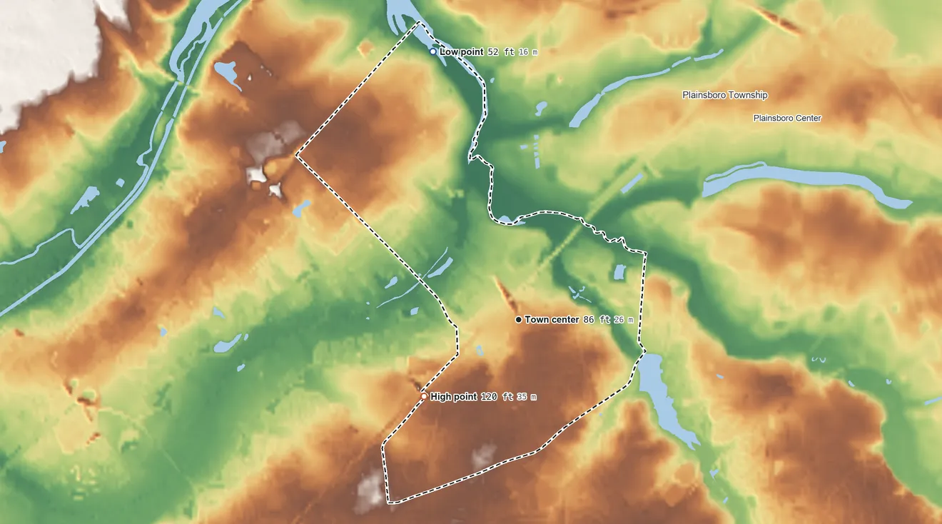 Topographic elevation map of Princeton Junction, New Jersey, shaded from 52 ft on the north side to 120 ft on the southwest side