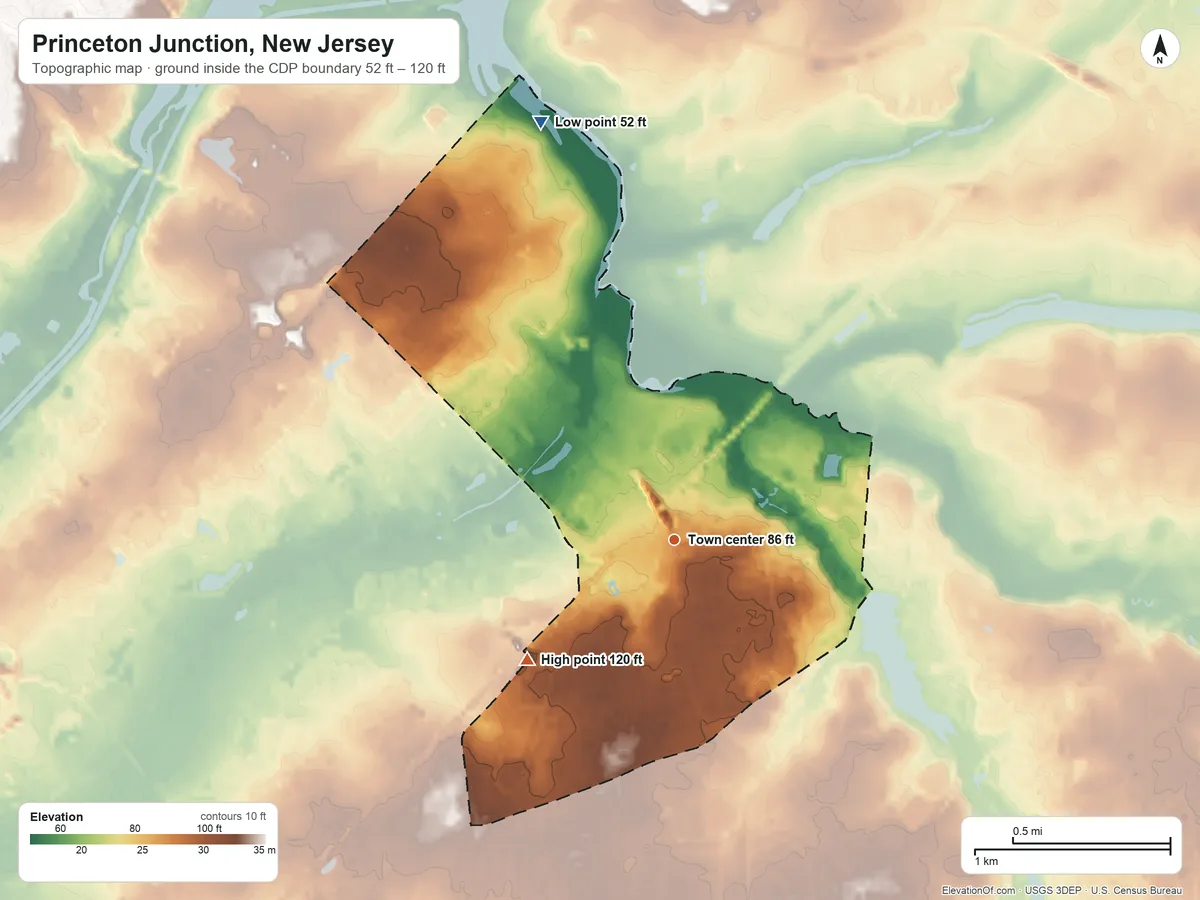 Topographic elevation map of Princeton Junction, New Jersey, shaded from 52 ft on the north side to 120 ft on the southwest side