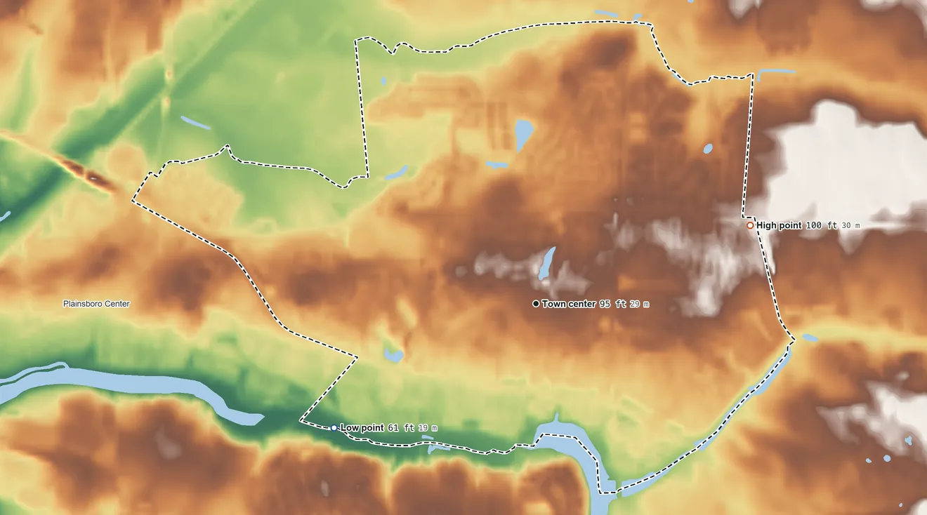 Topographic elevation map of Princeton Meadows, New Jersey, shaded from 61 ft on the southwest side to 100 ft on the east side