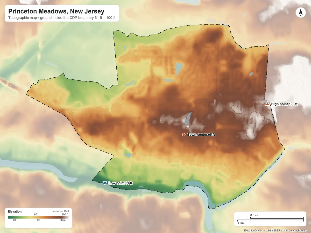 Topographic elevation map of Princeton Meadows, New Jersey, shaded from 61 ft on the southwest side to 100 ft on the east side