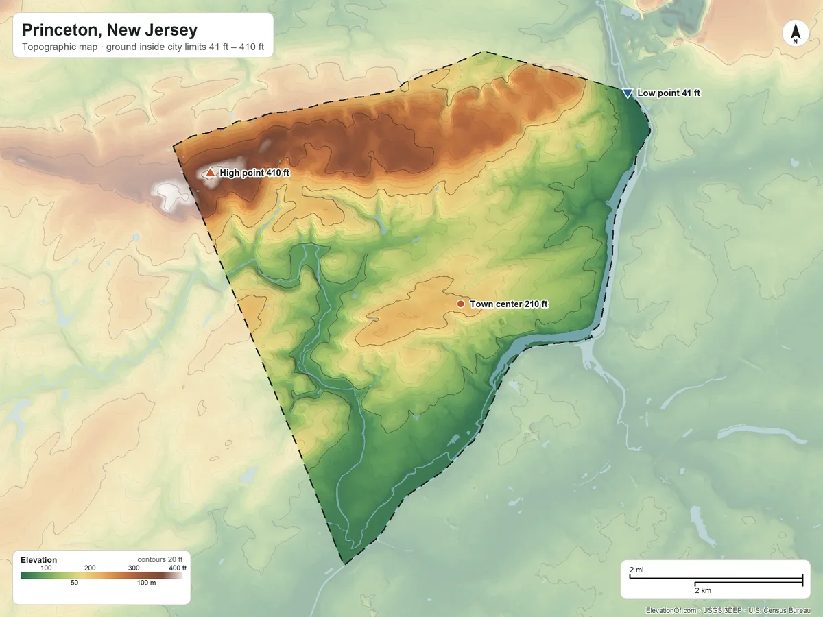 Topographic elevation map of Princeton, New Jersey, shaded from 41 ft on the northeast side to 410 ft on Rocky Hill