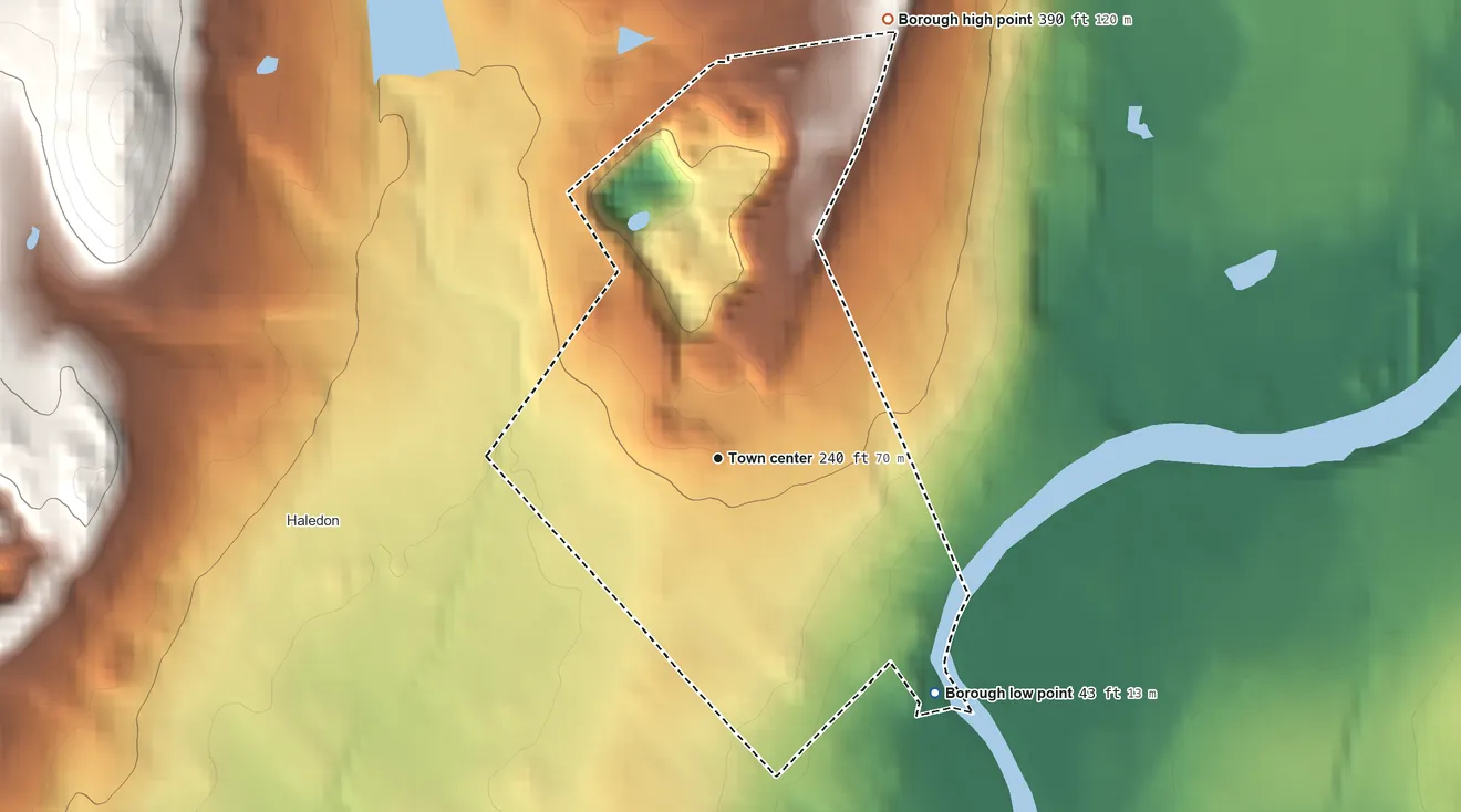 Topographic elevation map of Prospect Park, New Jersey, shaded from 43 ft on the southeast side to 390 ft on the north side