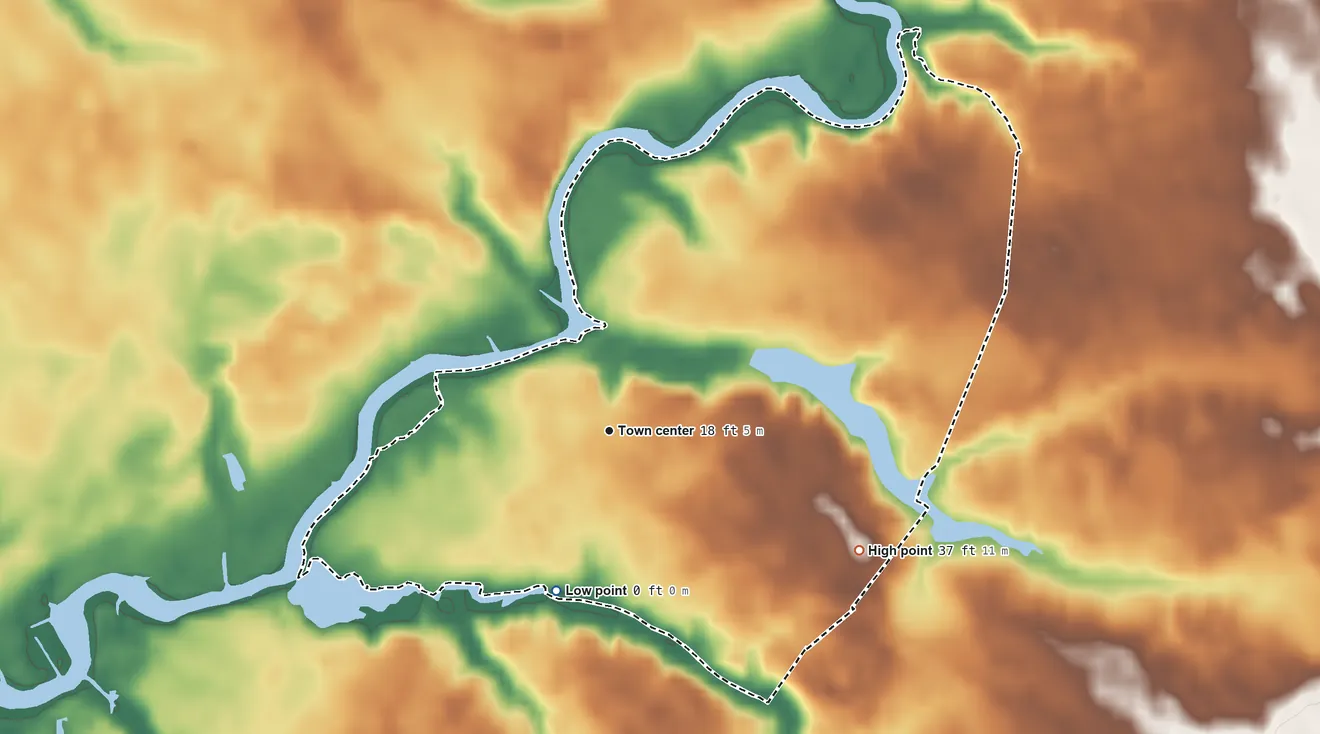 Topographic elevation map of Quinton, New Jersey, shaded from 0 ft on the south side to 37 ft on the southeast side