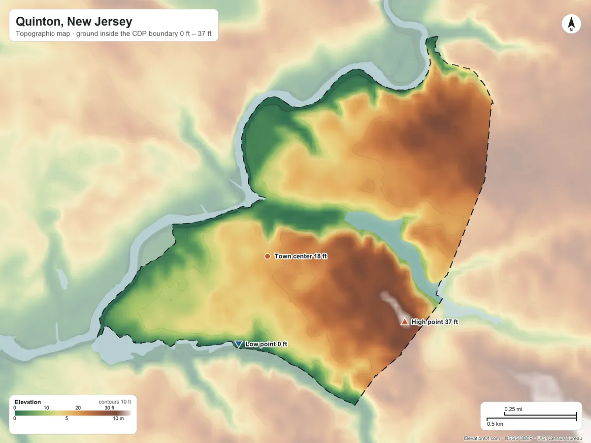Topographic elevation map of Quinton, New Jersey, shaded from 0 ft on the south side to 37 ft on the southeast side
