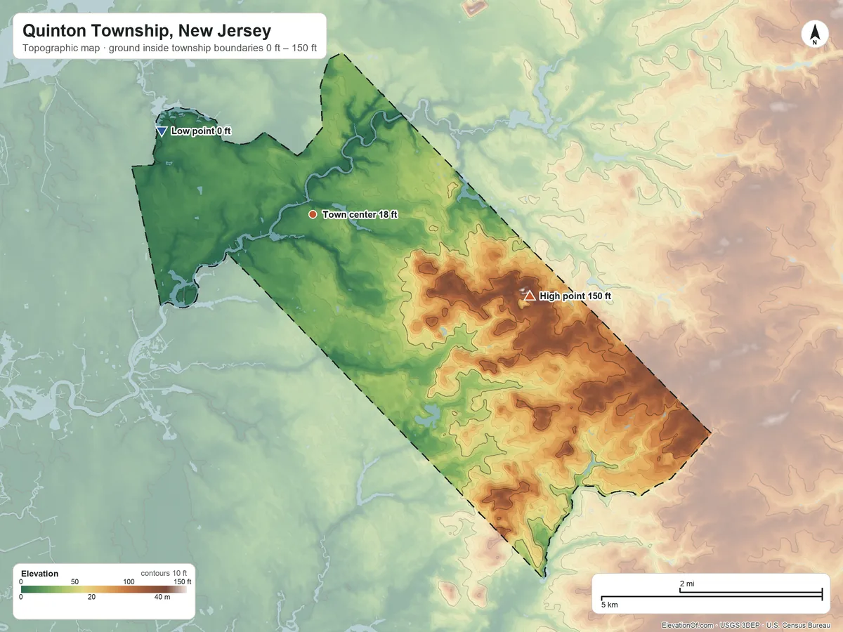 Topographic elevation map of Quinton Township, New Jersey, shaded from 0 ft on the northwest side to 150 ft on the east side