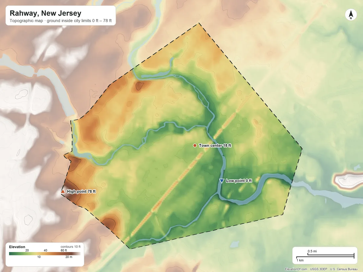 Topographic elevation map of Rahway, New Jersey, shaded from 0 ft on the southeast side to 78 ft on the west side