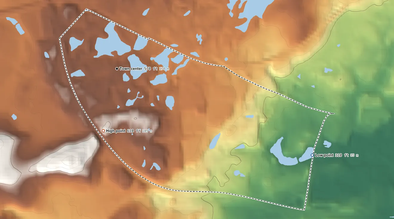 Topographic elevation map of Rainbow Lakes, New Jersey, shaded from 310 ft on the southeast side to 610 ft on the south side