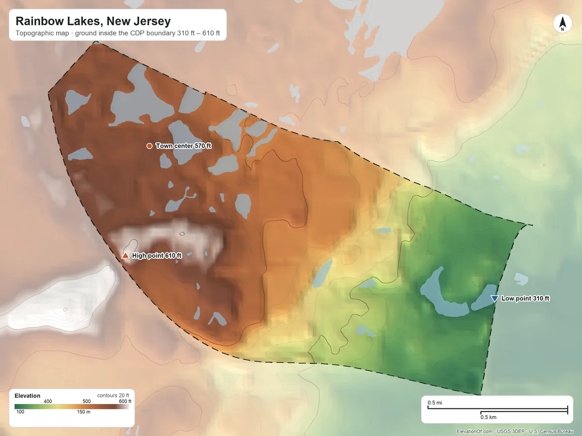 Topographic elevation map of Rainbow Lakes, New Jersey, shaded from 310 ft on the southeast side to 610 ft on the south side