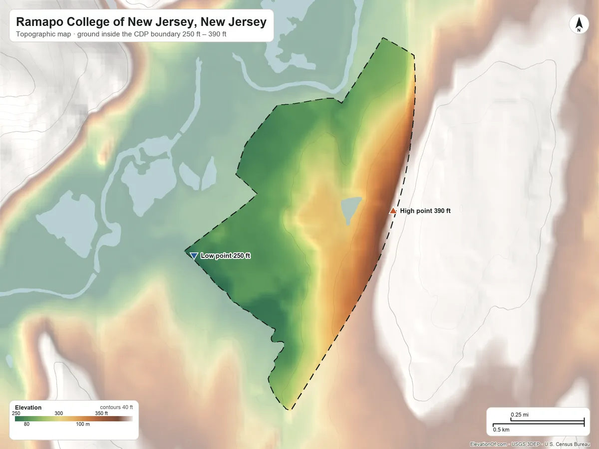 Topographic elevation map of Ramapo College of New Jersey, New Jersey, shaded from 250 ft on the west side to 390 ft at the foot of the Ramapo Mountains