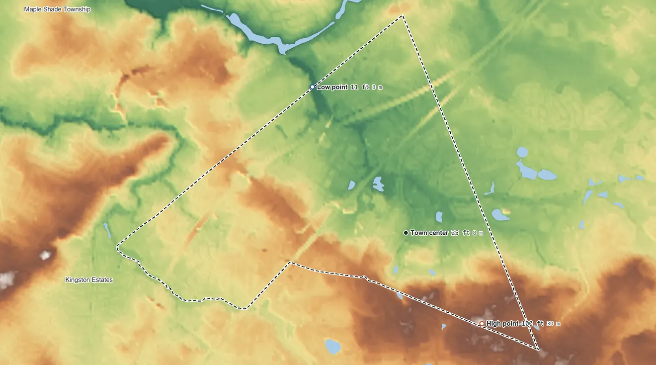 Topographic elevation map of Ramblewood, New Jersey, shaded from 11 ft on the northwest side to 100 ft on the southeast side