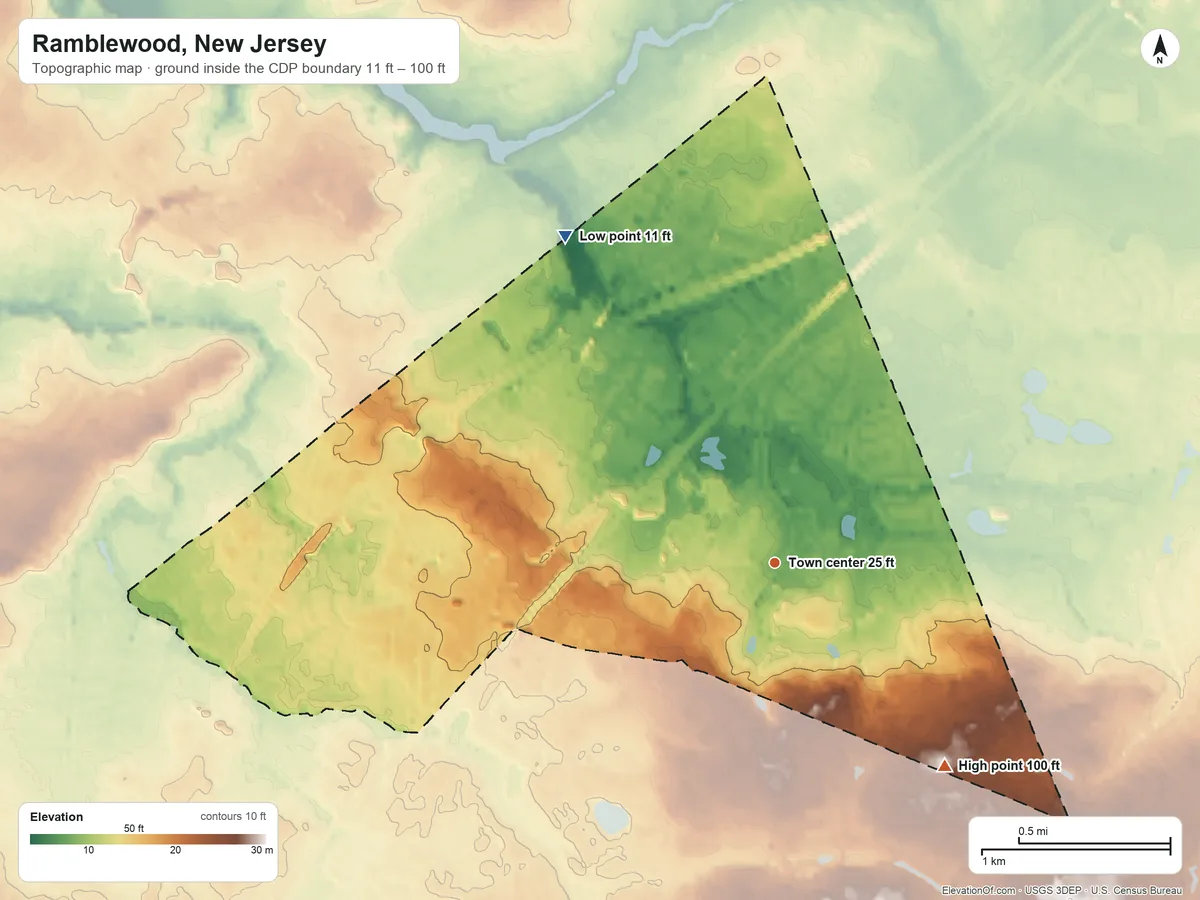 Topographic elevation map of Ramblewood, New Jersey, shaded from 11 ft on the northwest side to 100 ft on the southeast side