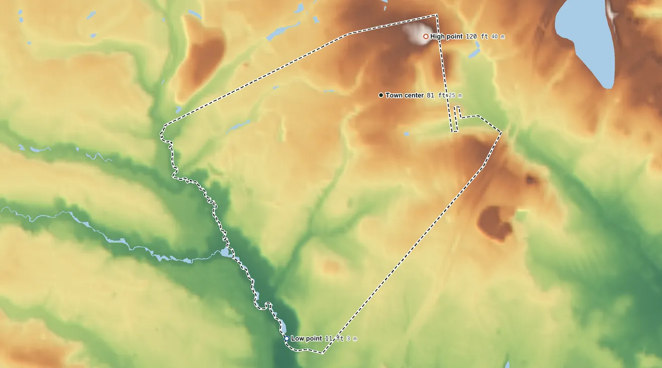 Topographic elevation map of Ramtown, New Jersey, shaded from 11 ft on the south side to 120 ft on the northeast side
