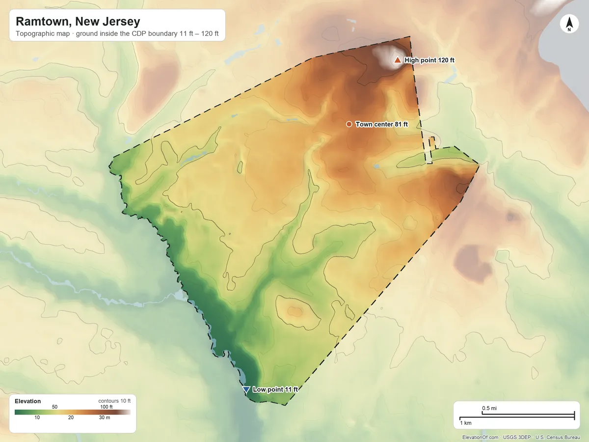 Topographic elevation map of Ramtown, New Jersey, shaded from 11 ft on the south side to 120 ft on the northeast side