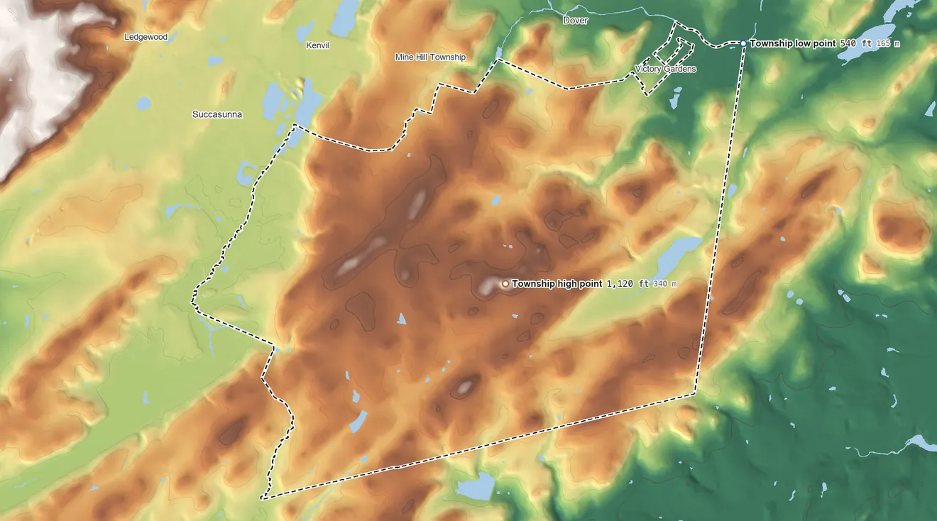 Topographic elevation map of Randolph Township, New Jersey, shaded from 540 ft on the northeast side to 1,120 ft near the middle