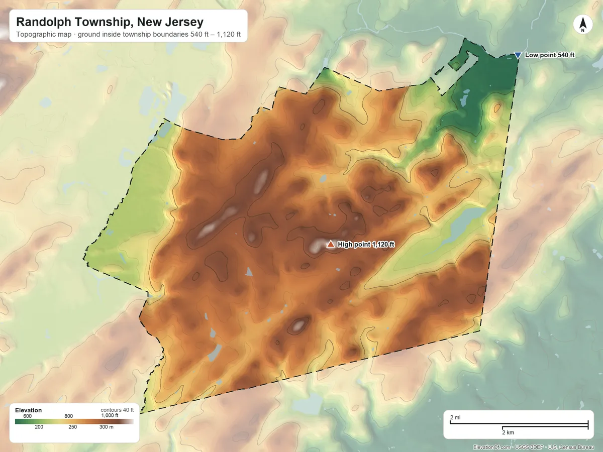 Topographic elevation map of Randolph Township, New Jersey, shaded from 540 ft on the northeast side to 1,120 ft near the middle