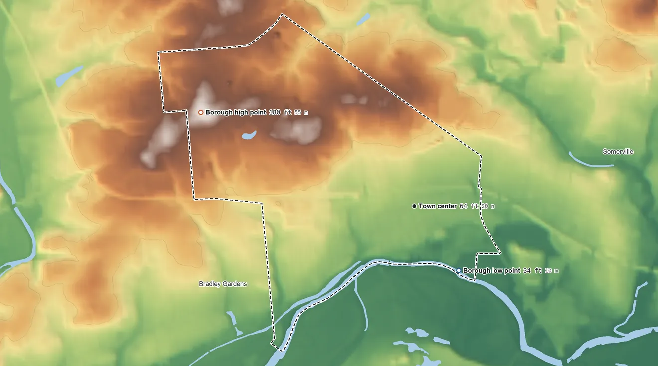 Topographic elevation map of Raritan, New Jersey, shaded from 34 ft on the southeast side to 180 ft on the northwest side