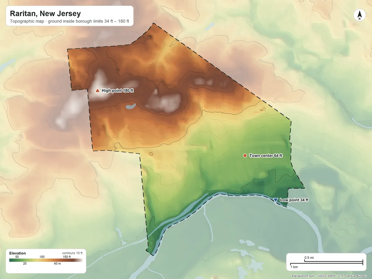 Topographic elevation map of Raritan, New Jersey, shaded from 34 ft on the southeast side to 180 ft on the northwest side