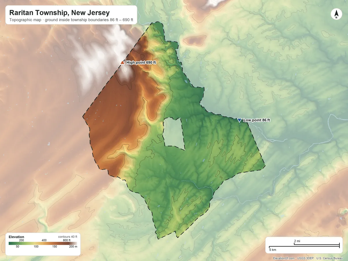 Topographic elevation map of Raritan Township, New Jersey, shaded from 86 ft on the east side to 690 ft on the northwest side