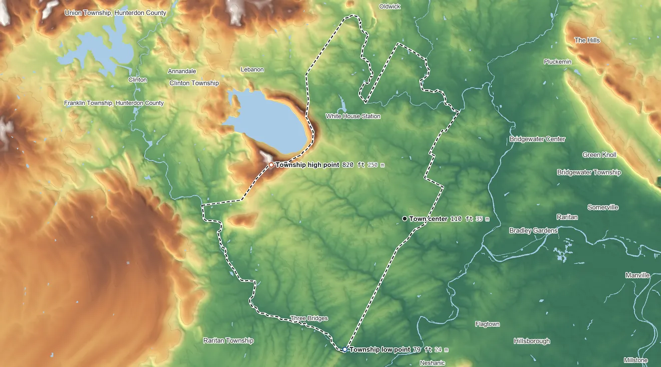 Topographic elevation map of Readington Township, New Jersey, shaded from 79 ft on the southwest side to 820 ft on the west side