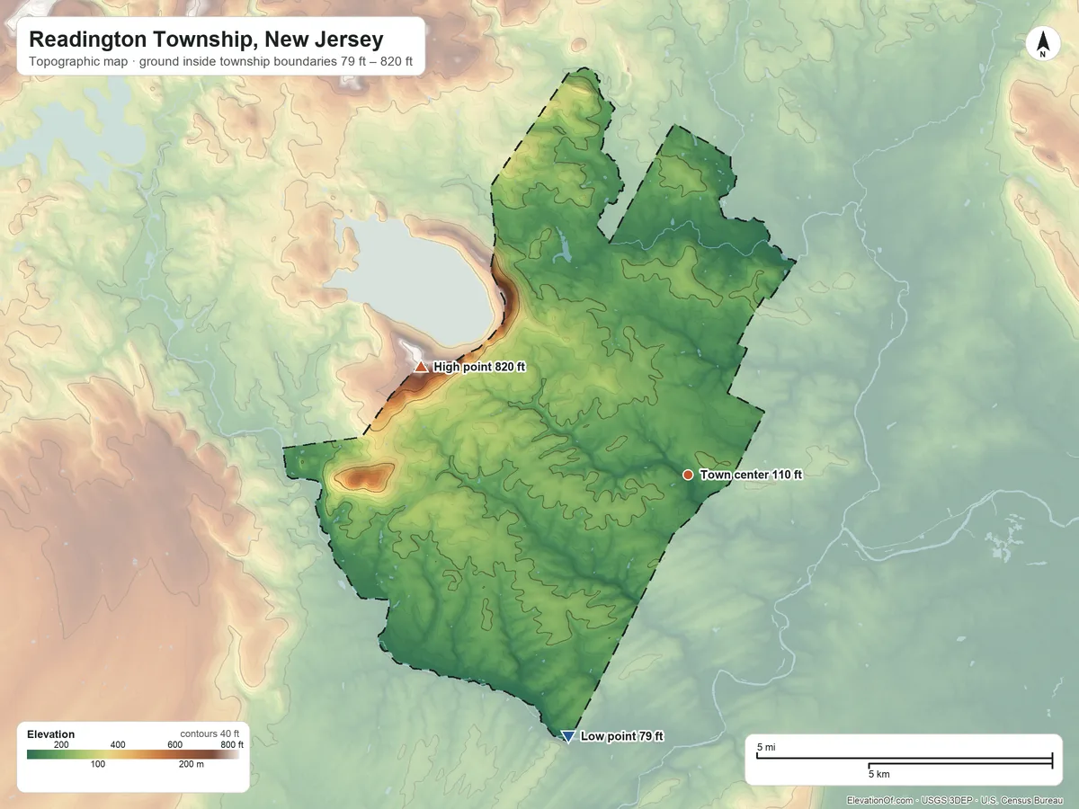 Topographic elevation map of Readington Township, New Jersey, shaded from 79 ft on the southwest side to 820 ft on the west side
