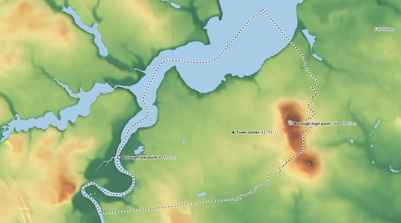 Topographic elevation map of Red Bank, New Jersey, shaded from 0 ft on the west side to 160 ft on the east side