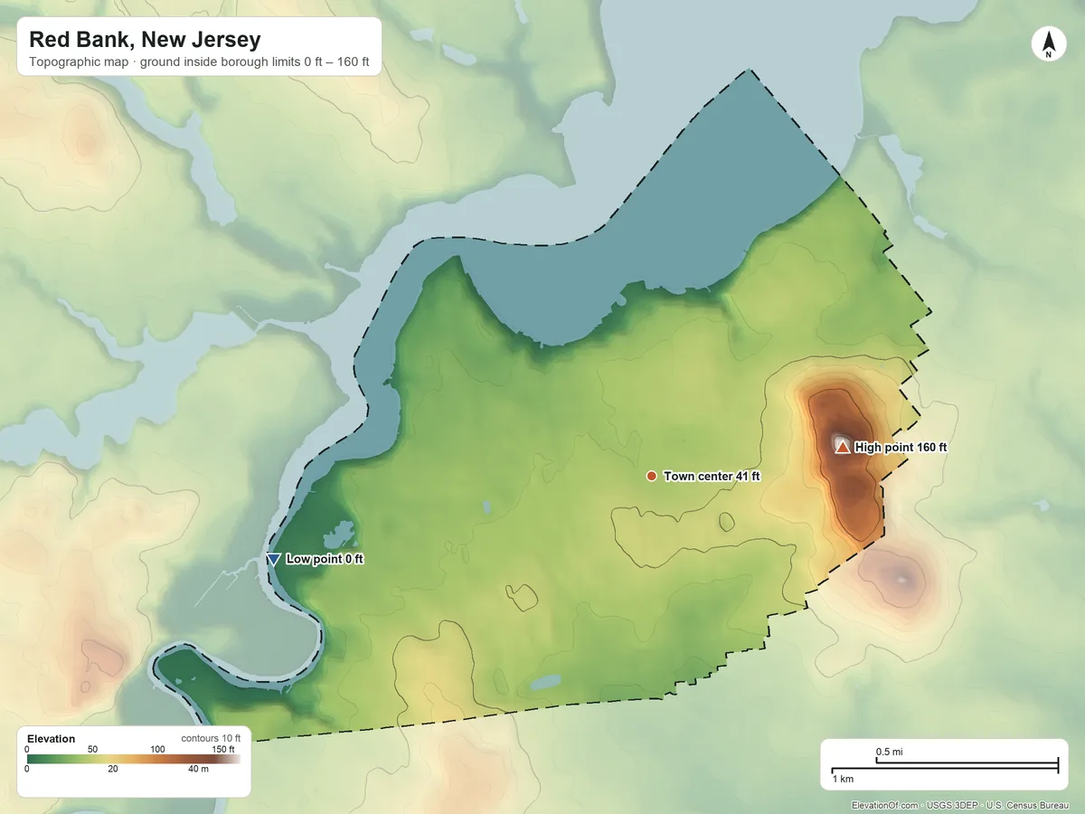 Topographic elevation map of Red Bank, New Jersey, shaded from 0 ft on the west side to 160 ft on the east side