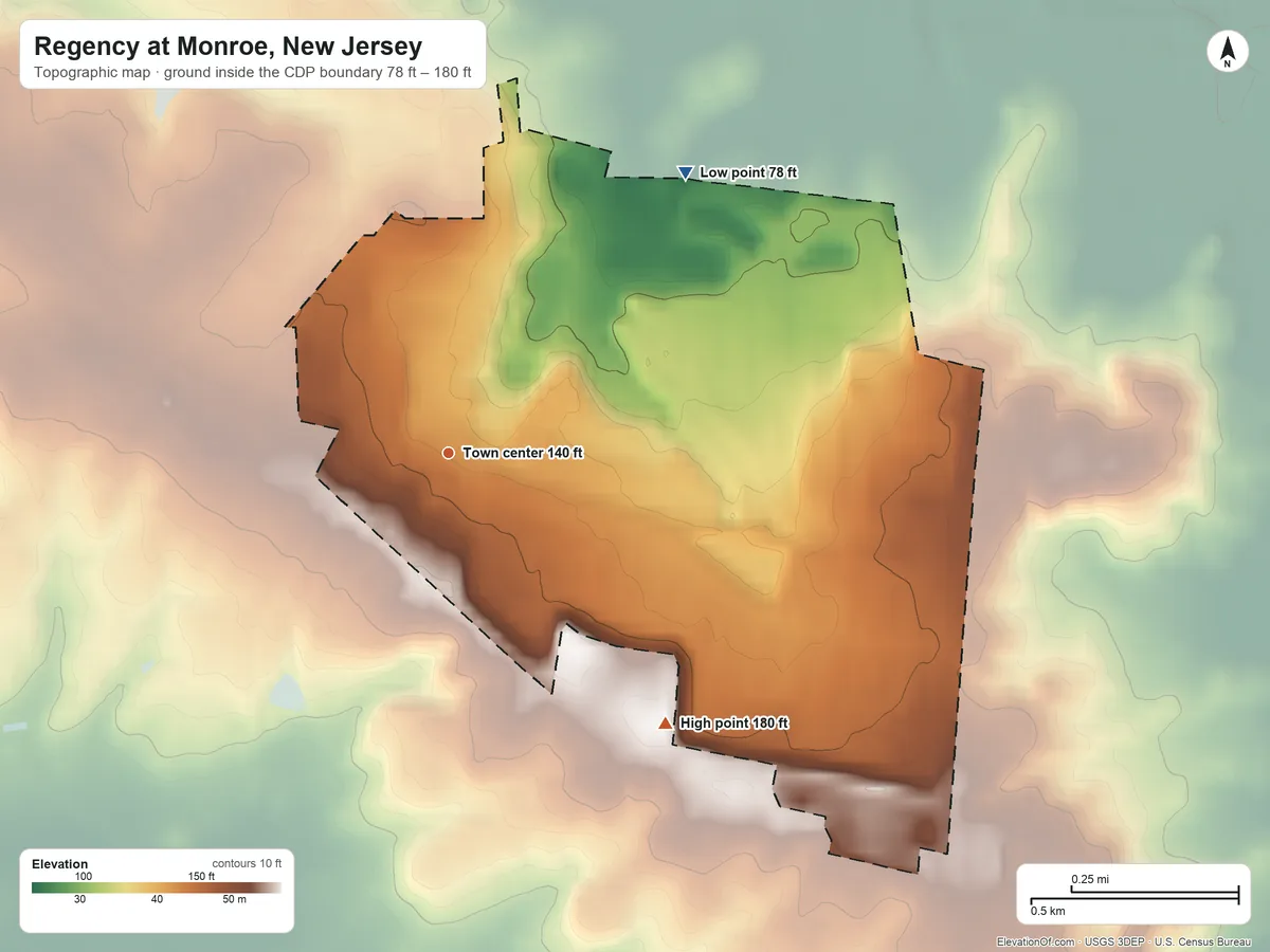 Topographic elevation map of Regency at Monroe, New Jersey, shaded from 78 ft on the northeast side to 180 ft on the southeast side