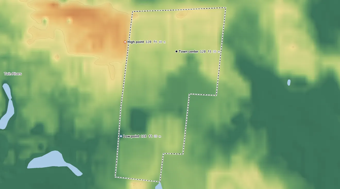 Topographic elevation map of Renaissance at Monroe, New Jersey, shaded from 110 ft on the southwest side to 120 ft on the west side