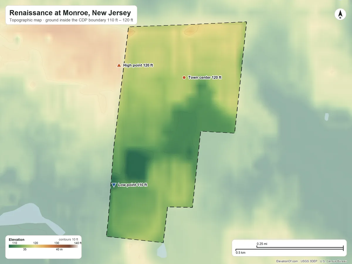 Topographic elevation map of Renaissance at Monroe, New Jersey, shaded from 110 ft on the southwest side to 120 ft on the west side