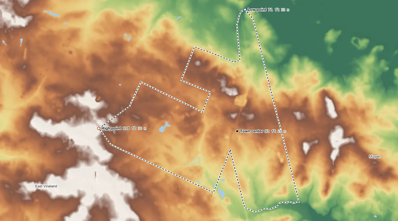 Topographic elevation map of Richland, New Jersey, shaded from 71 ft on the north side to 110 ft on the west side