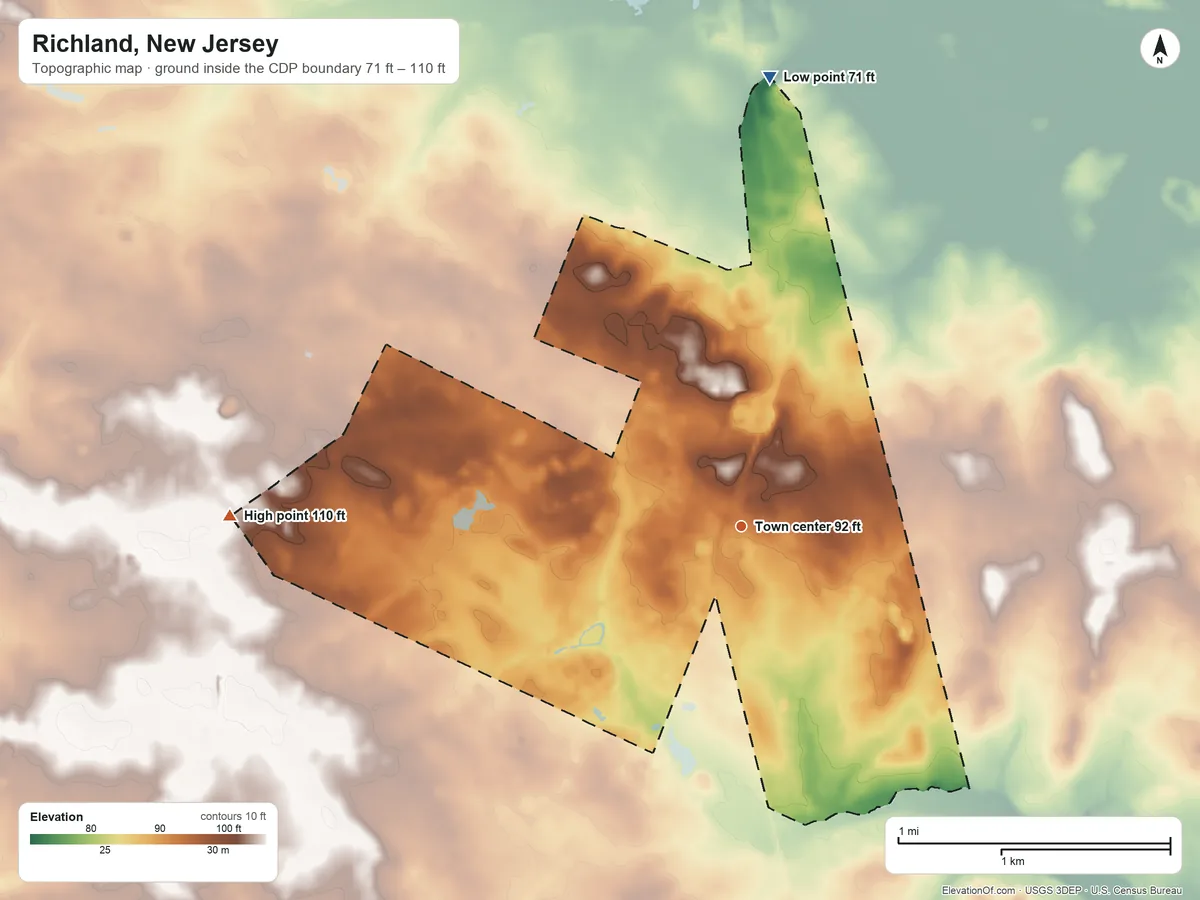 Topographic elevation map of Richland, New Jersey, shaded from 71 ft on the north side to 110 ft on the west side