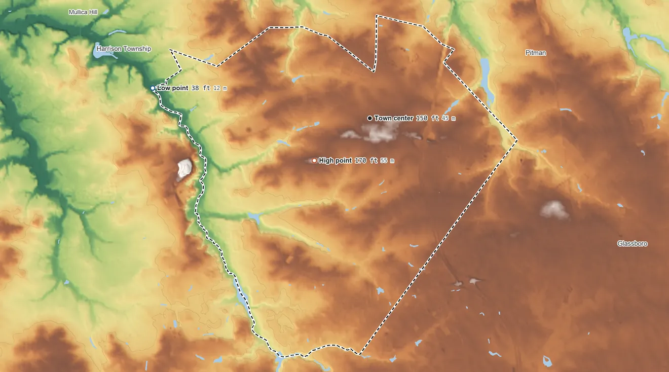 Topographic elevation map of Richwood, New Jersey, shaded from 38 ft on the west side to 170 ft on the southwest side