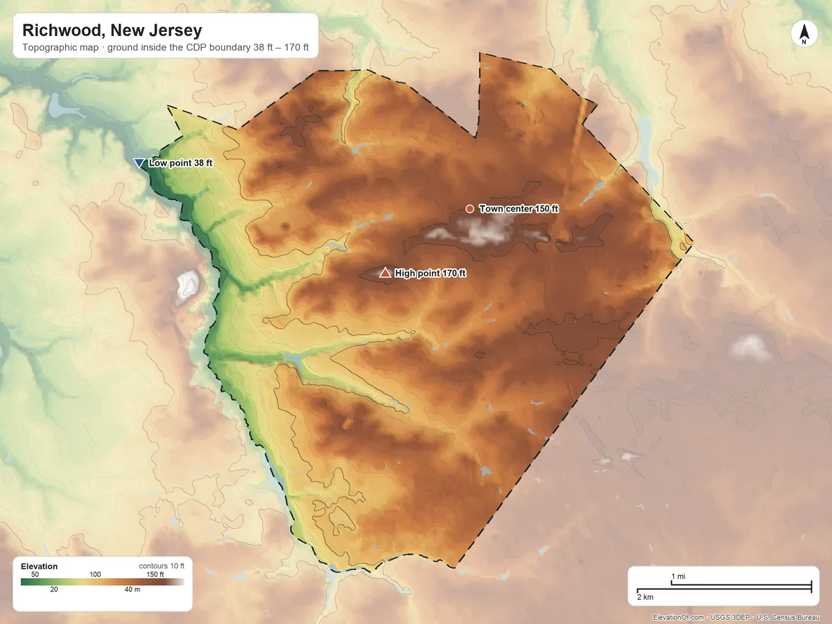 Topographic elevation map of Richwood, New Jersey, shaded from 38 ft on the west side to 170 ft on the southwest side