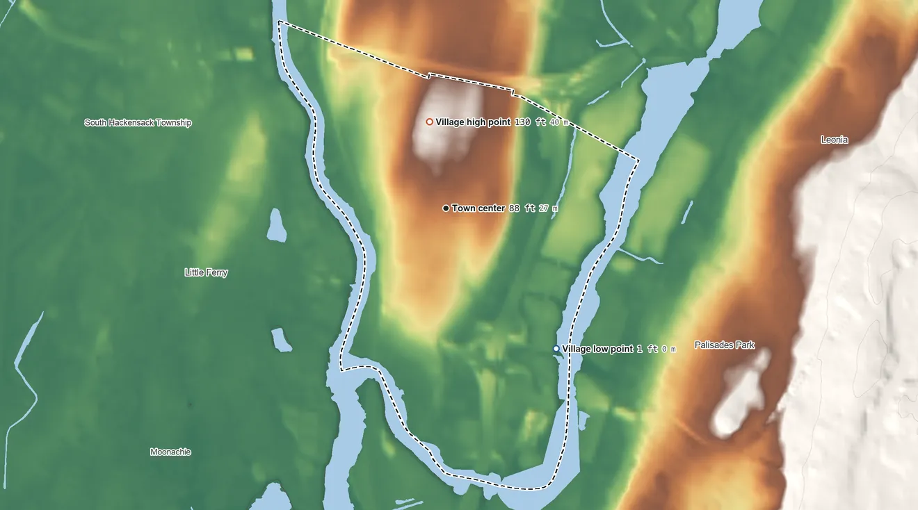 Topographic elevation map of Ridgefield Park, New Jersey, shaded from 1 ft on the southeast side to 130 ft on the north side