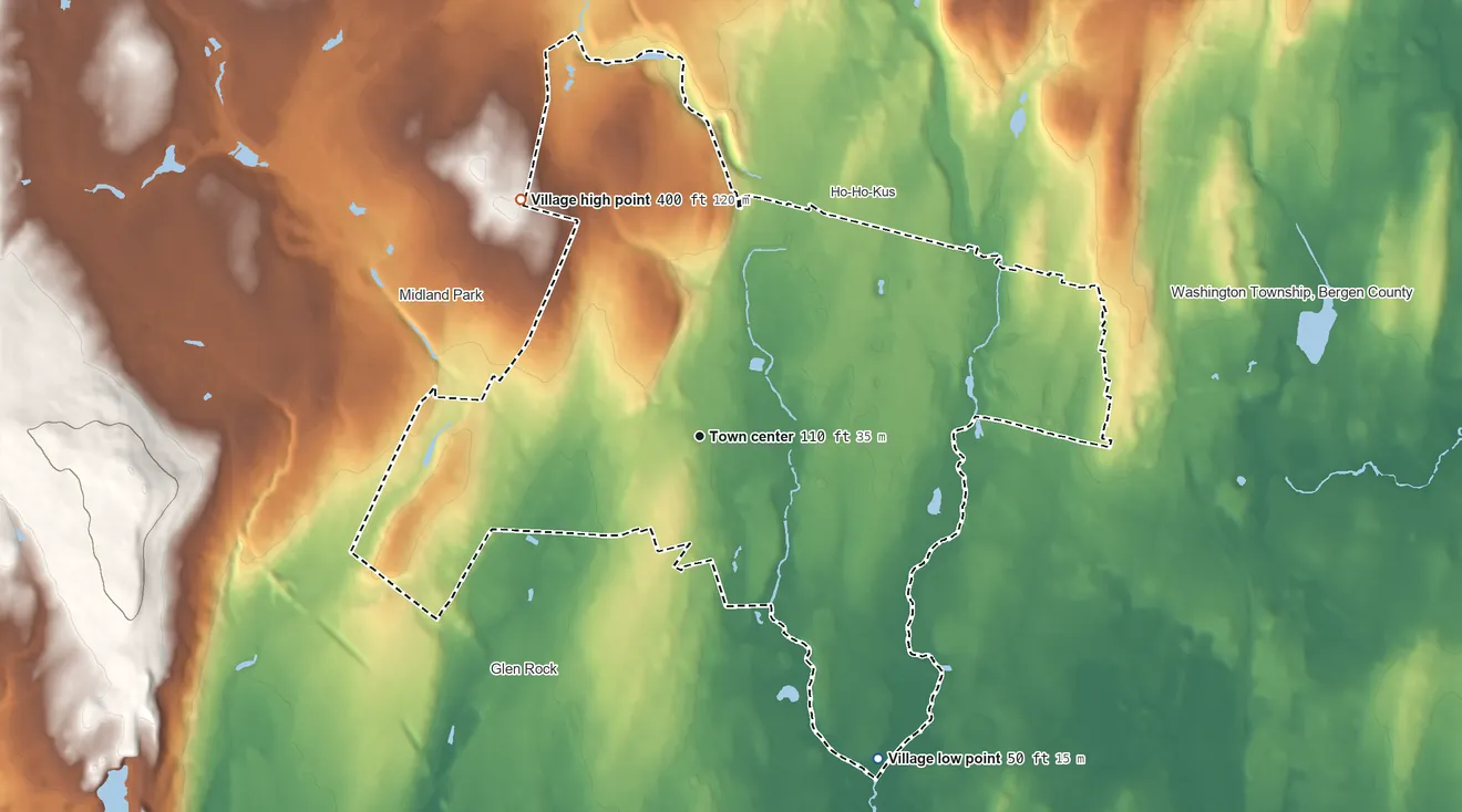 Topographic elevation map of Ridgewood, New Jersey, shaded from 50 ft on the southeast side to 400 ft on the northwest side