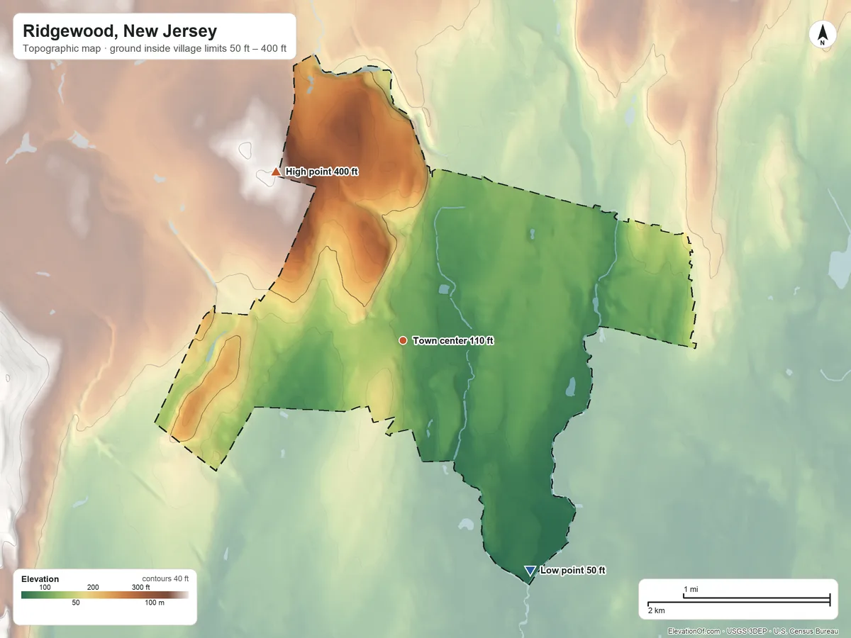 Topographic elevation map of Ridgewood, New Jersey, shaded from 50 ft on the southeast side to 400 ft on the northwest side