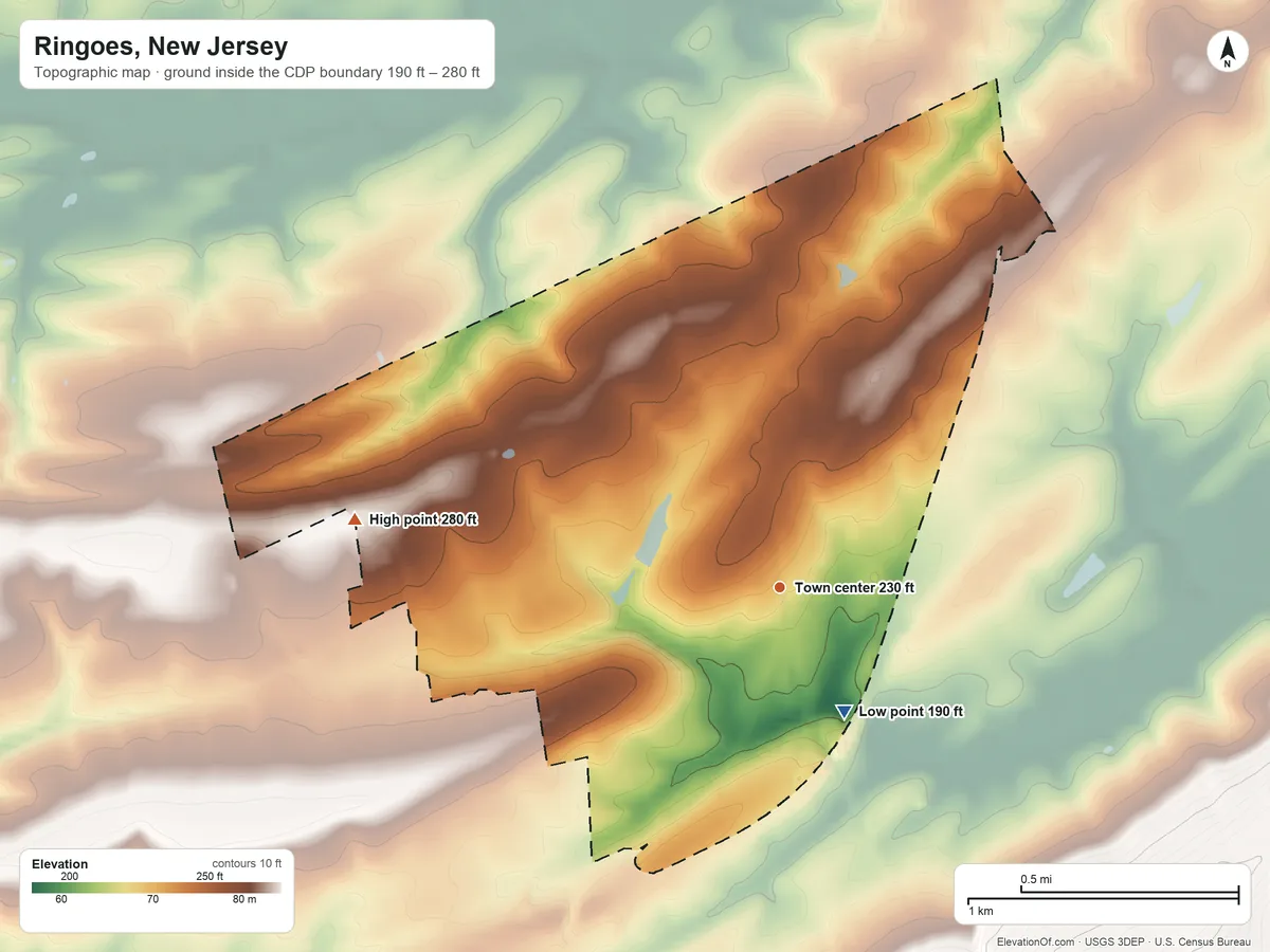 Topographic elevation map of Ringoes, New Jersey, shaded from 190 ft on the southeast side to 280 ft on the west side